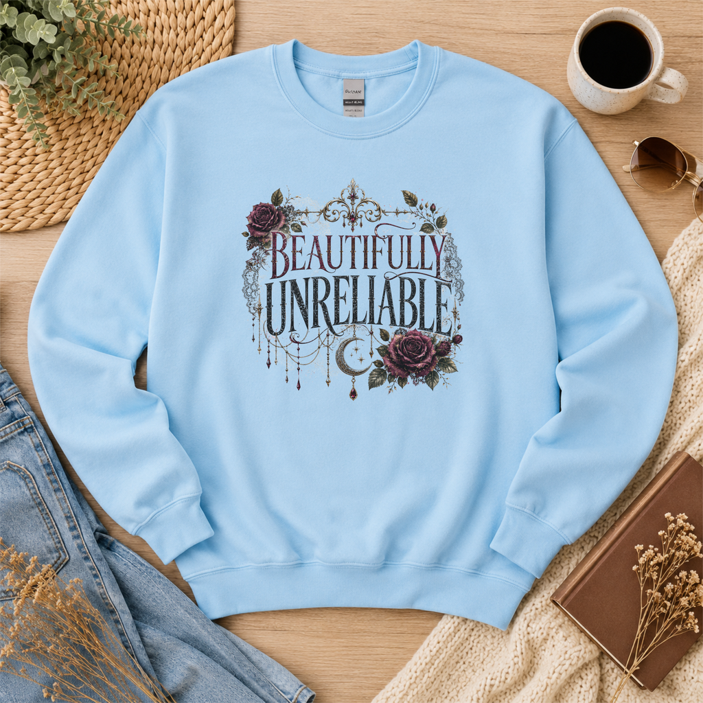 Beautifully Unreliable Sweatshirt, Dark Romance Sweatshirt, Gothic Book Lover Gift, Morally Gray Character Crewneck, Reader Apparel
