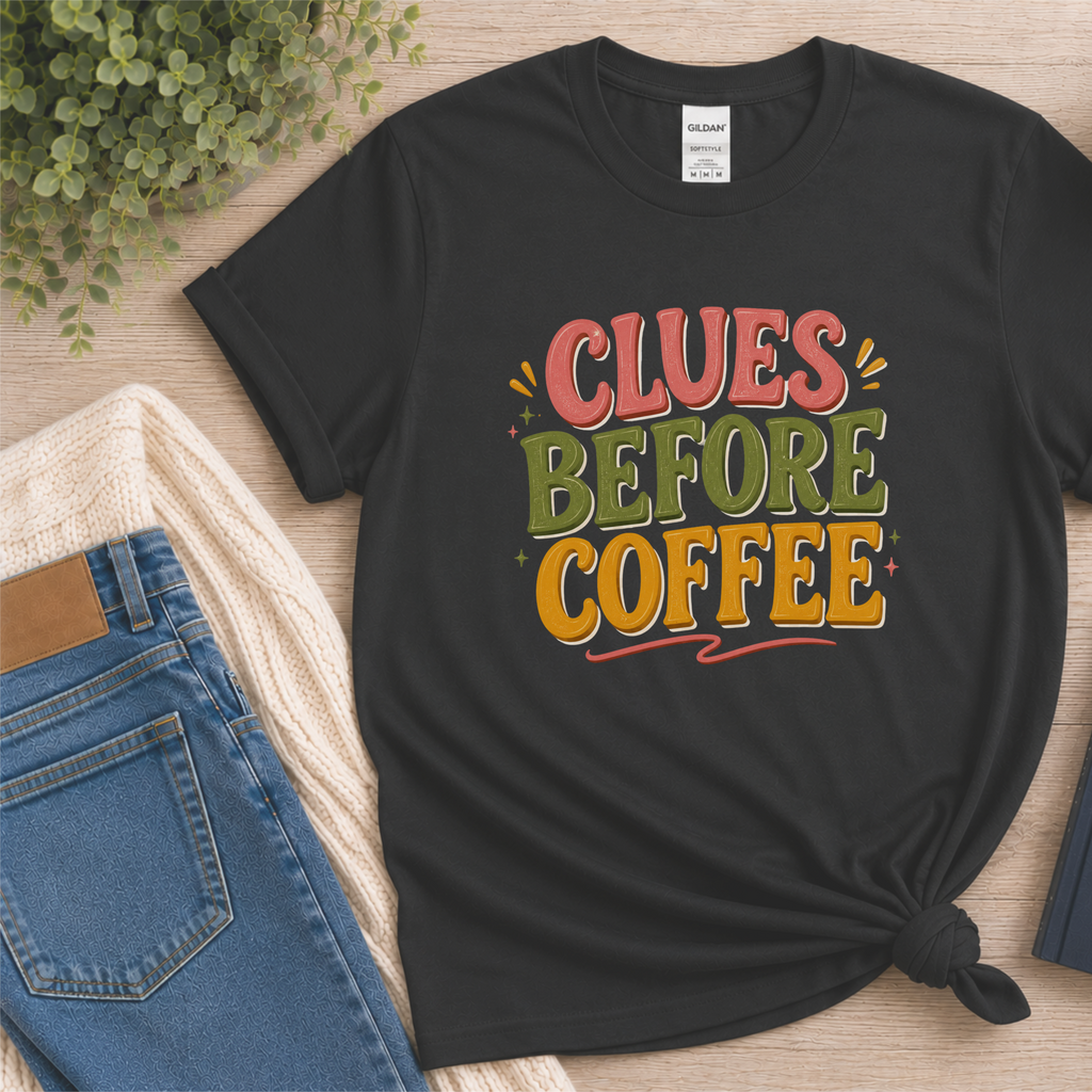 Clues Before Coffee Shirt, Mystery Reader T Shirt, Cozy Mystery Book Lover Gift, Detective Fiction Tee, Whimsical Bookish Graphic Tee