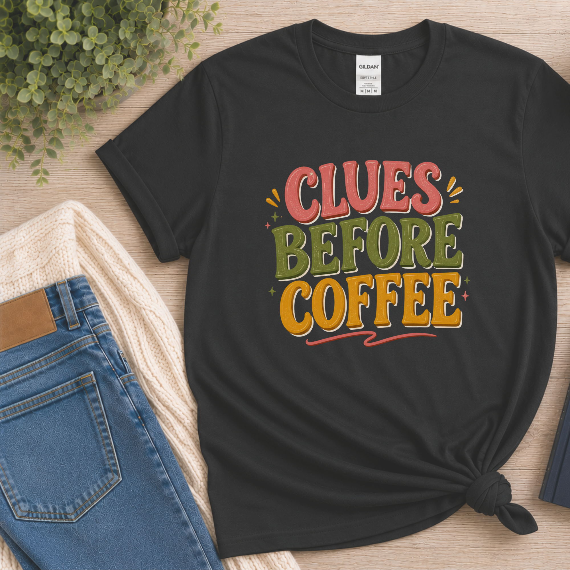 Clues Before Coffee Shirt, Mystery Reader T Shirt, Cozy Mystery Book Lover Gift, Detective Fiction Tee, Whimsical Bookish Graphic Tee