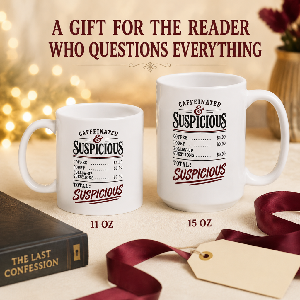 Gift graphic showing 11 oz and 15 oz “Caffeinated & Suspicious” mugs with the heading “A Gift for the Reader Who Questions Everything.”