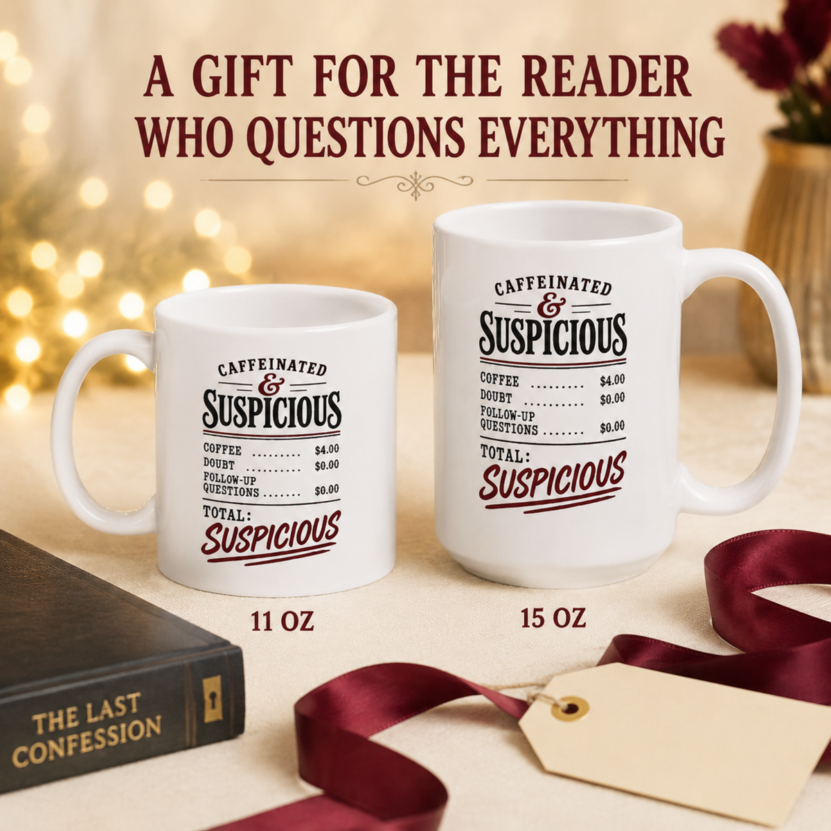 Gift graphic showing 11 oz and 15 oz “Caffeinated & Suspicious” mugs with the heading “A Gift for the Reader Who Questions Everything.”