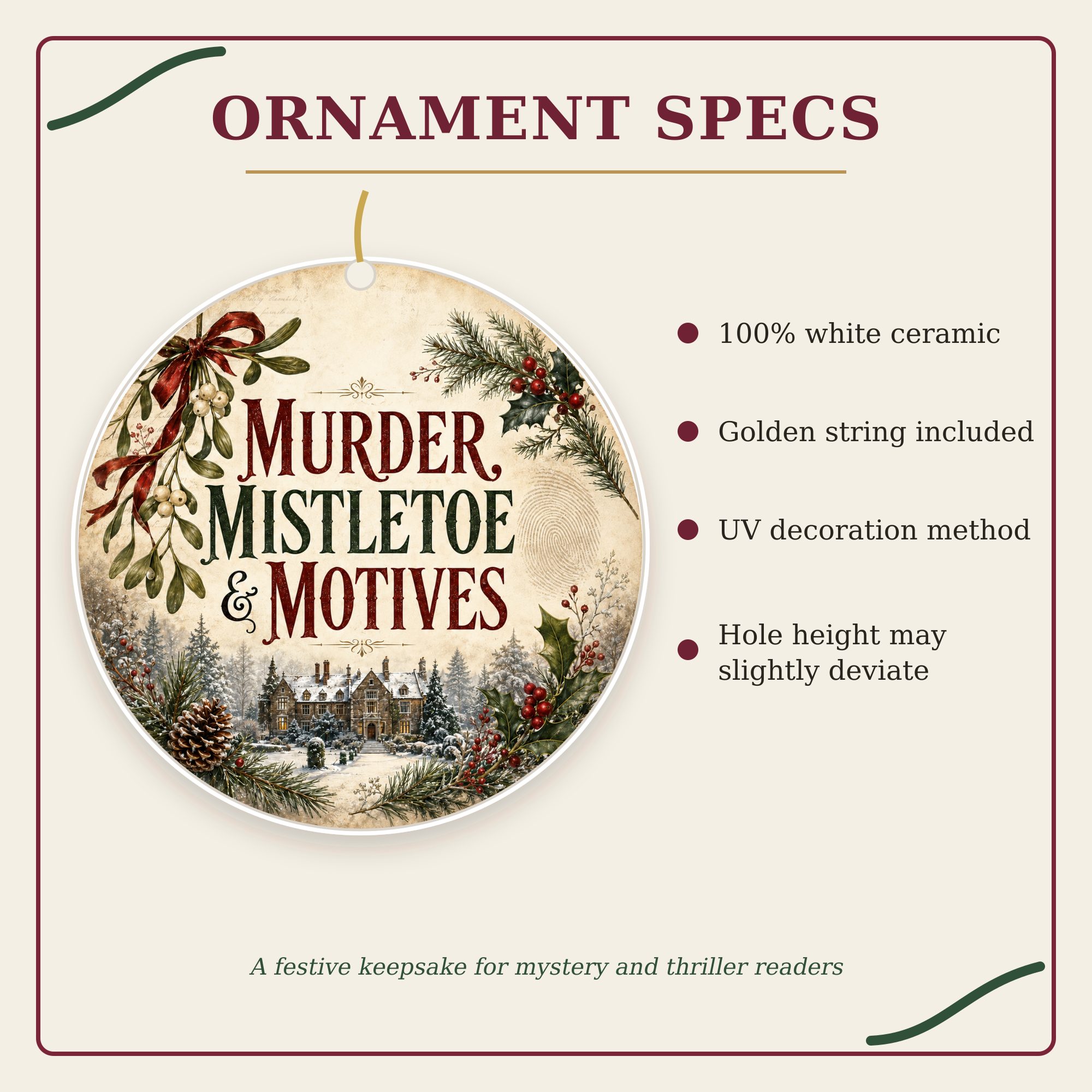 Murder Mistletoe & Motives Ornament, Mystery Reader Christmas Gift, Thriller Book Lover Ornament, Bookish Holiday Decor
