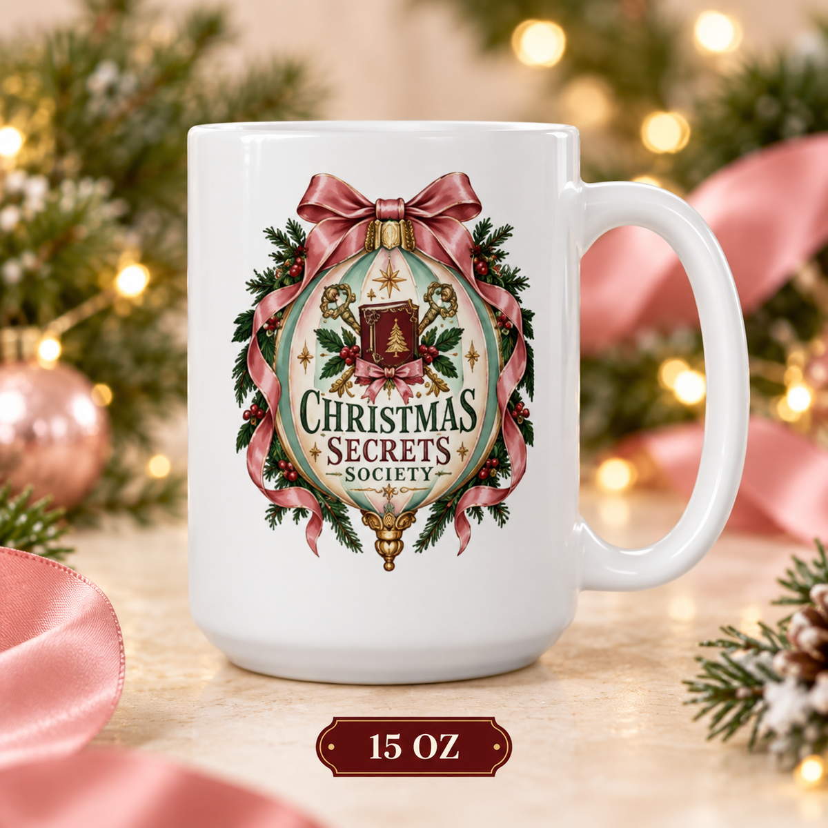 15-ounce Christmas Secrets Society mug featuring pink ribbon, evergreen branches, crossed antique keys and a red book, styled with pink ribbon and glowing holiday lights.