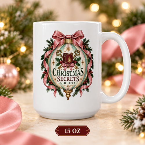 15-ounce Christmas Secrets Society mug featuring pink ribbon, evergreen branches, crossed antique keys and a red book, styled with pink ribbon and glowing holiday lights.