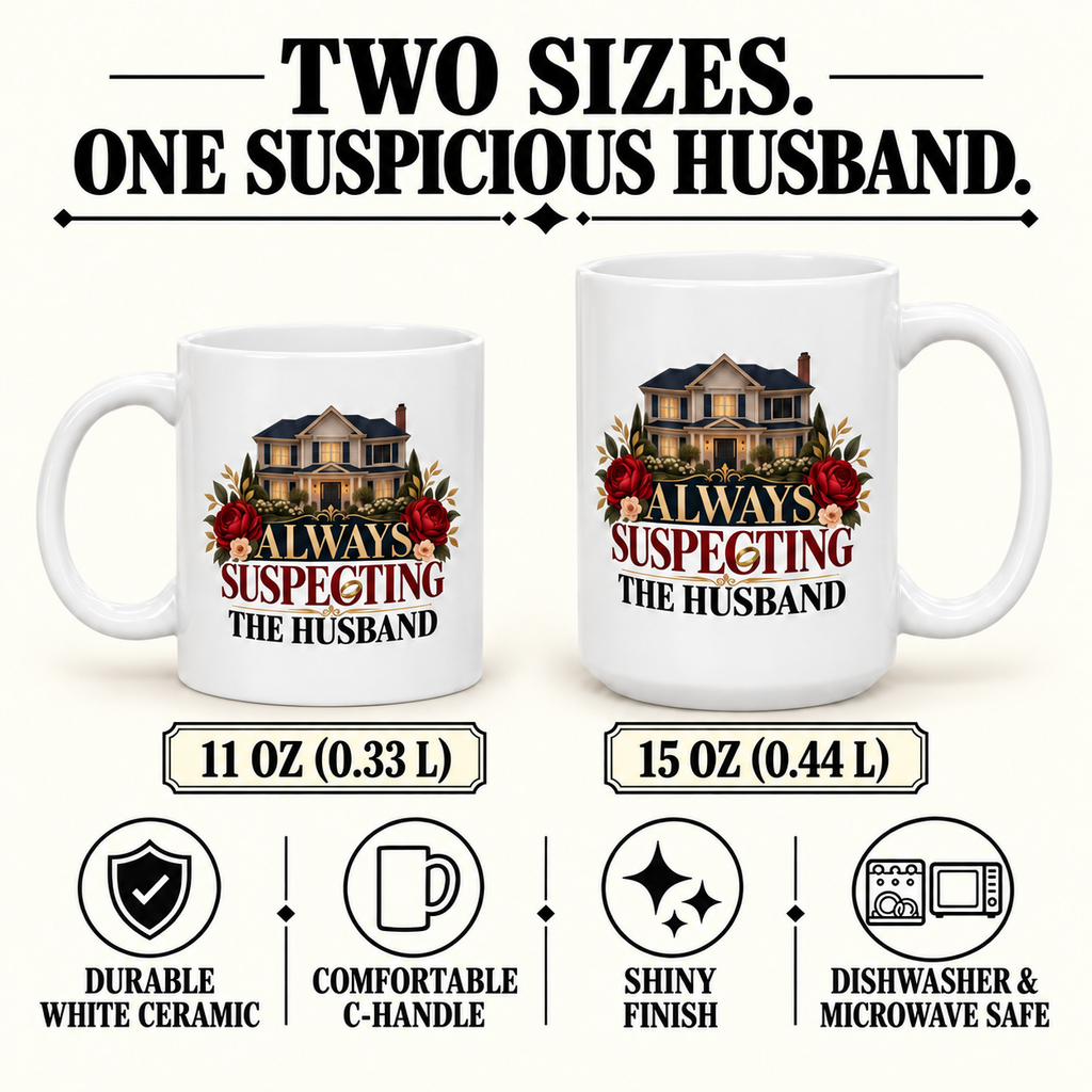 “Always Suspecting the Husband” mug specifications: 11 oz (0.33 L) and 15 oz (0.44 L); durable white ceramic, comfortable C-handle, shiny finish, dishwasher and microwave safe.