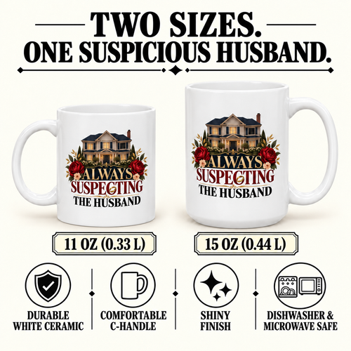 “Always Suspecting the Husband” mug specifications: 11 oz (0.33 L) and 15 oz (0.44 L); durable white ceramic, comfortable C-handle, shiny finish, dishwasher and microwave safe.