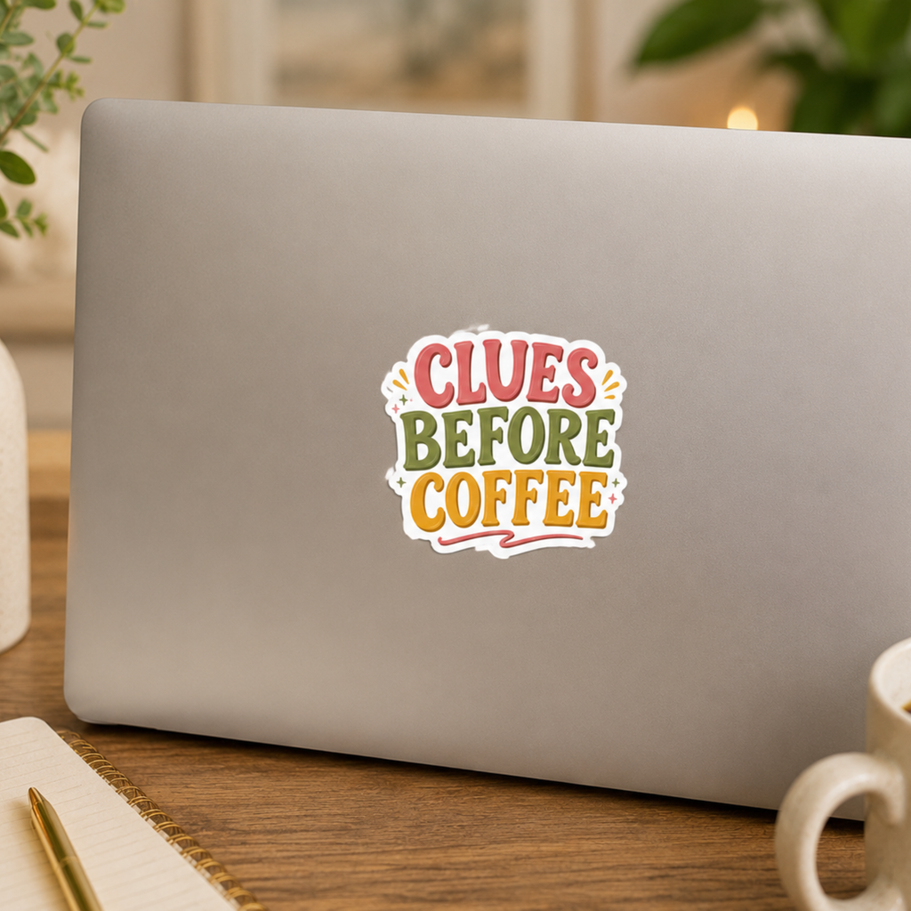 Clues Before Coffee Sticker, Mystery Reader Sticker, Cozy Mystery Gift, Book Lover Laptop Sticker, Detective Bookish Vinyl Decal