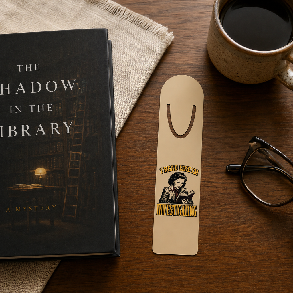 I Read Like I’m Investigating aluminum bookmark beside a closed mystery novel, coffee, and reading glasses on a wood desk.