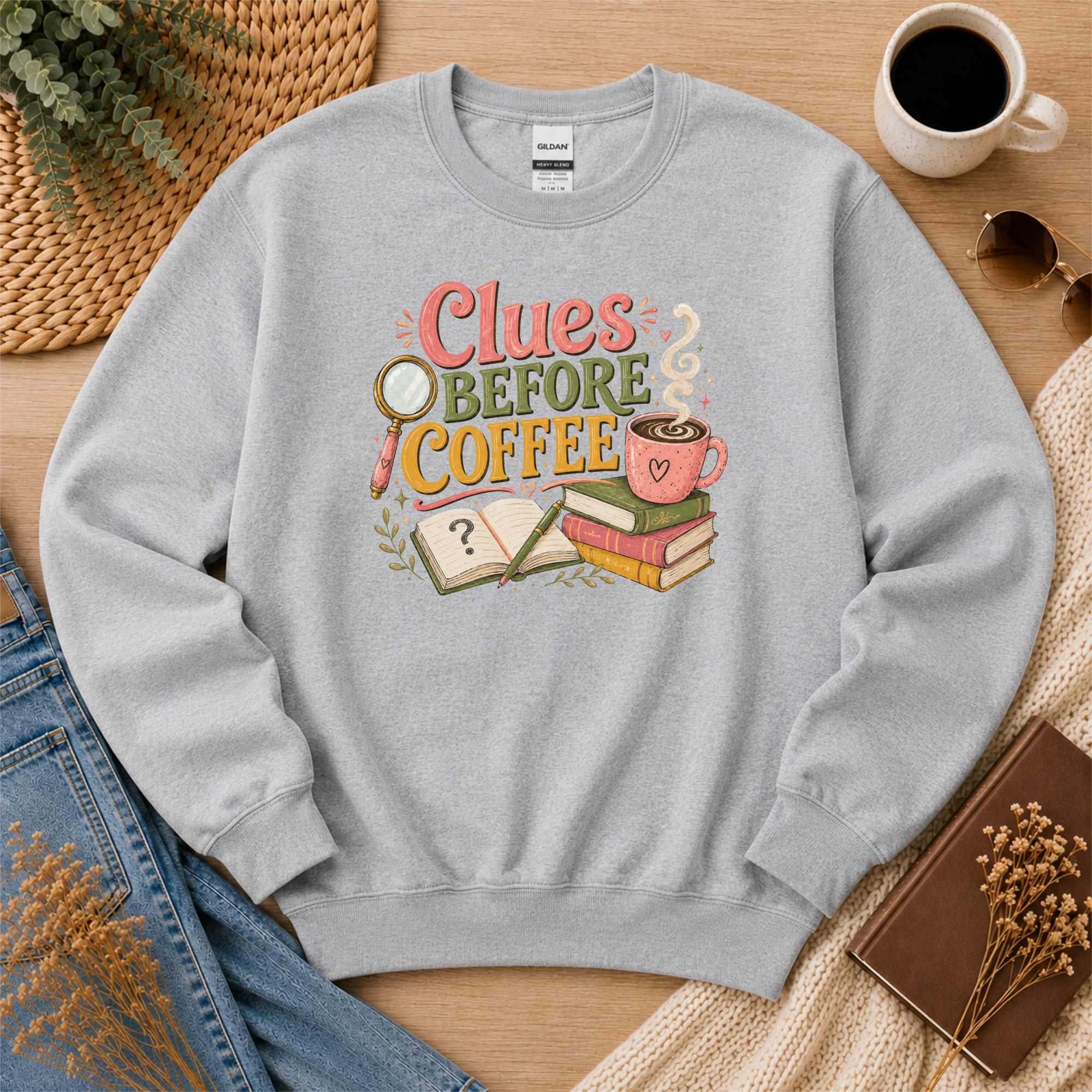 Clues Before Coffee Sweatshirt, Mystery Reader Sweatshirt, Cozy Mystery Gift, Book Lover Crewneck, Detective Reader Apparel