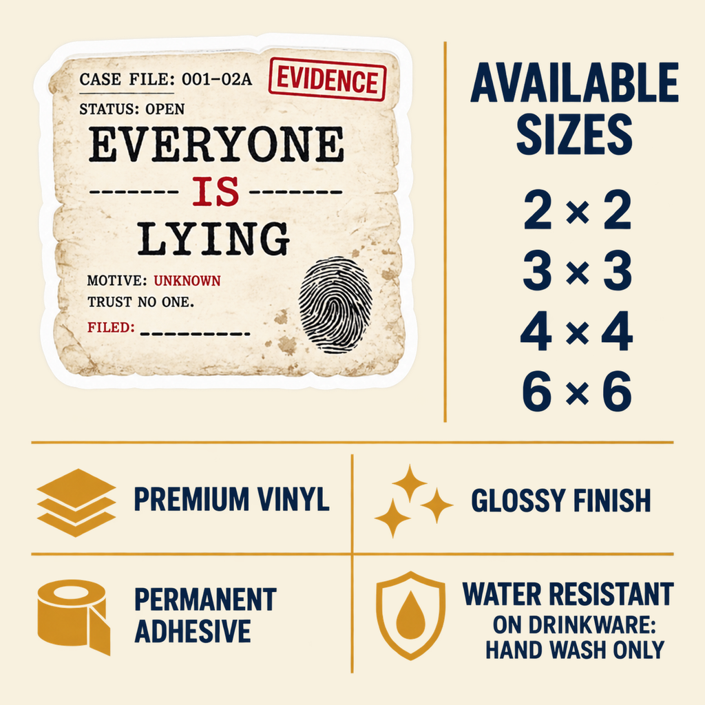 Size and care guide for the “Everyone Is Lying” sticker: 2 × 2, 3 × 3, 4 × 4, and 6 × 6 inches; premium vinyl, glossy finish, permanent adhesive, water resistant; hand wash only on drinkware.