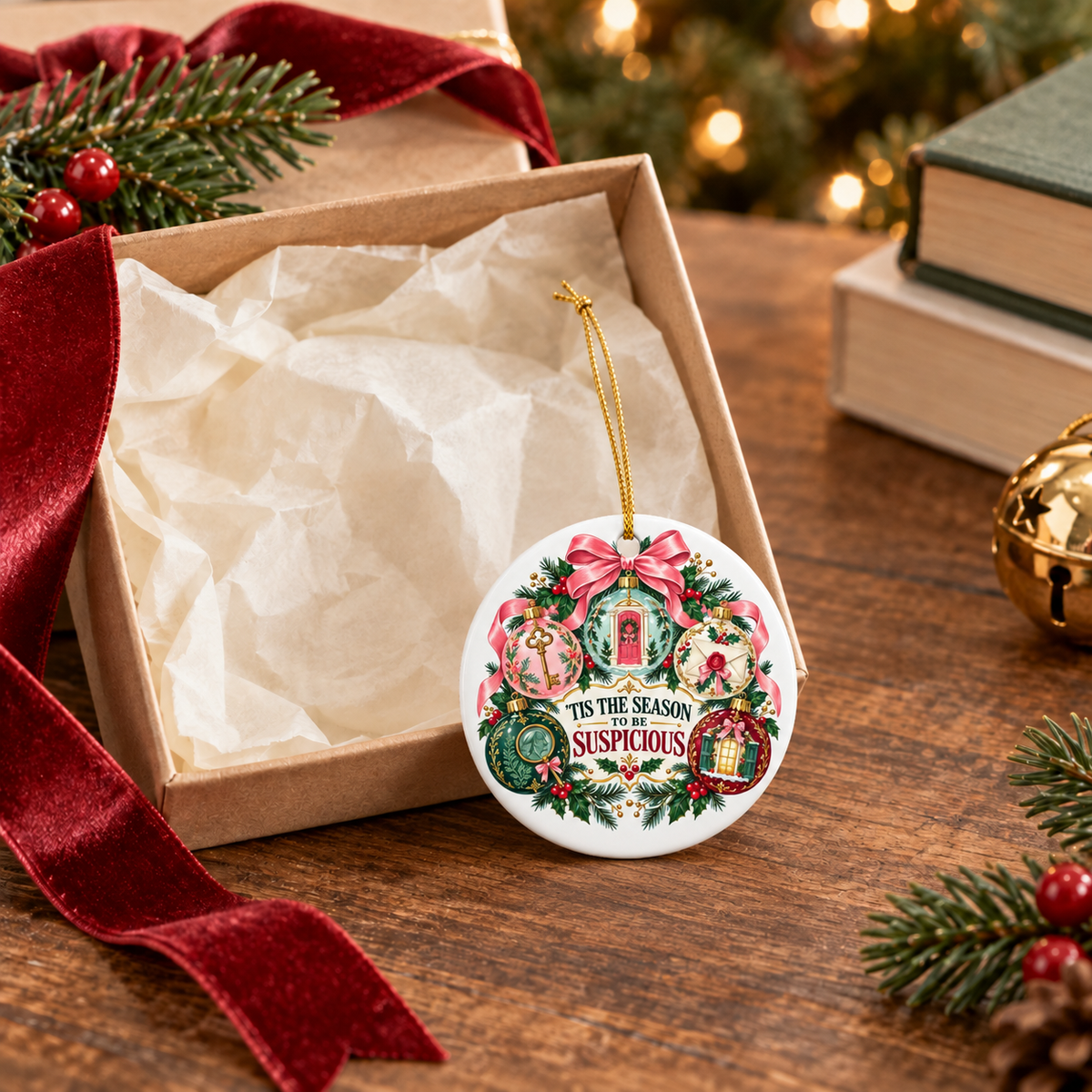 “’Tis the Season to Be Suspicious” ornament displayed beside an open kraft gift box with tissue paper, red velvet ribbon, evergreen branches and stacked books.