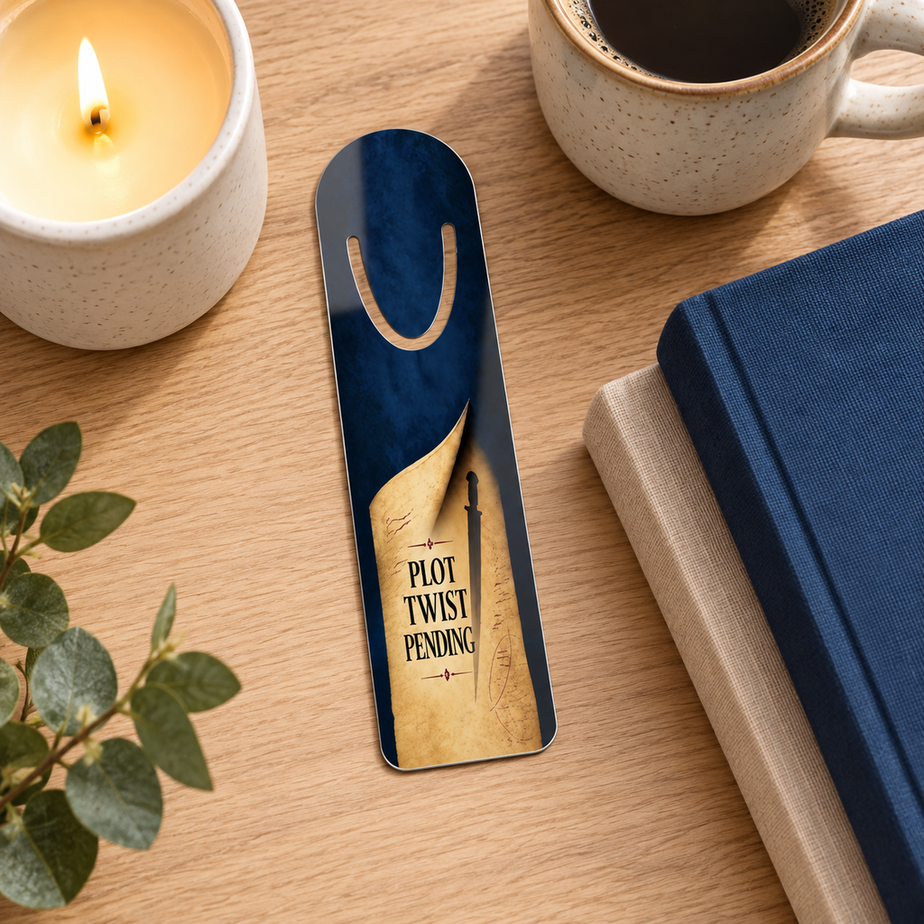 Navy “Plot Twist Pending” bookmark on a wooden table beside a lit candle, coffee, leafy sprigs, and stacked books.