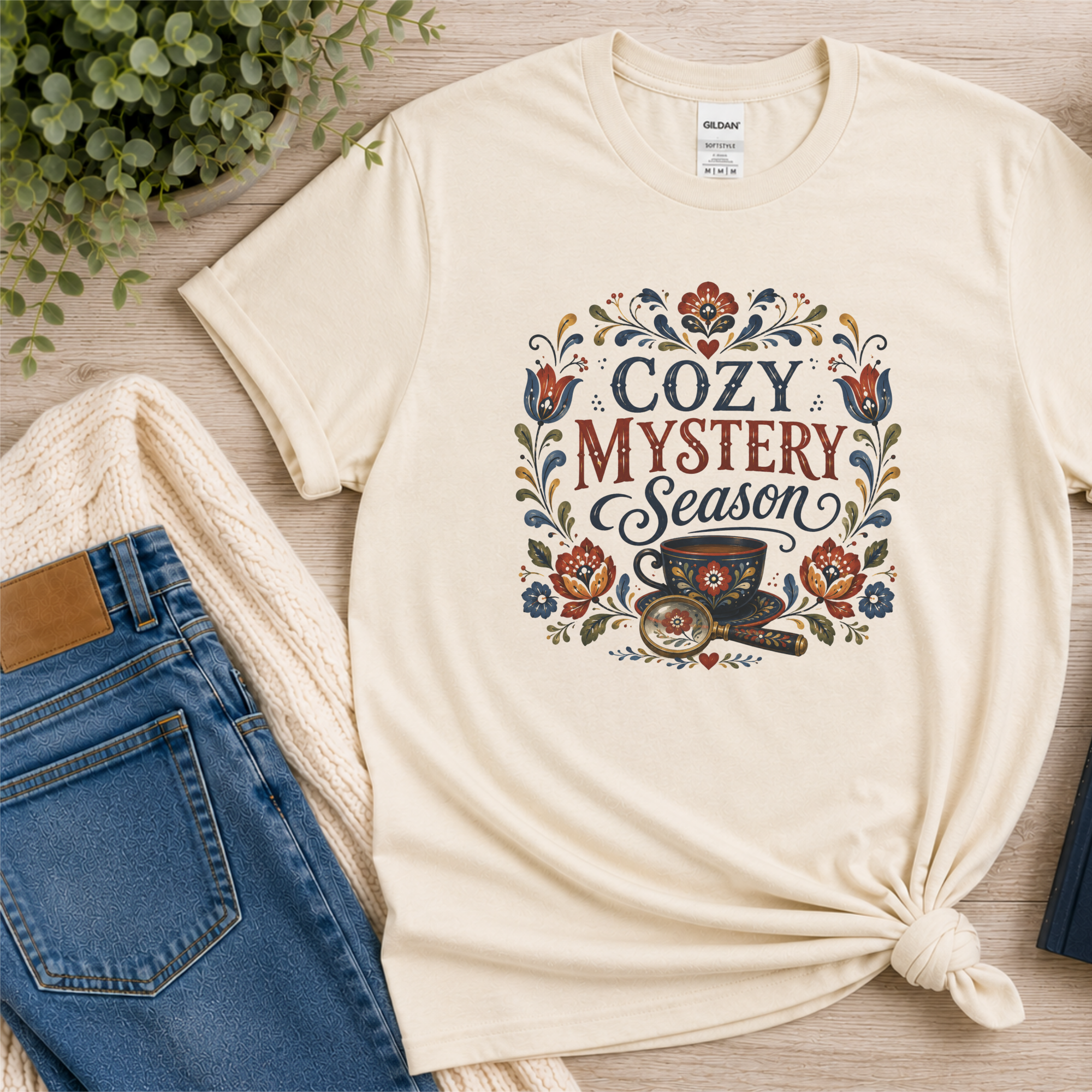 Cozy Mystery Season Shirt, Mystery Book Lover Gift, Book Club Shirt, Reading Shirt, Folk Art Bookish Tee, Cozy Reader Gift