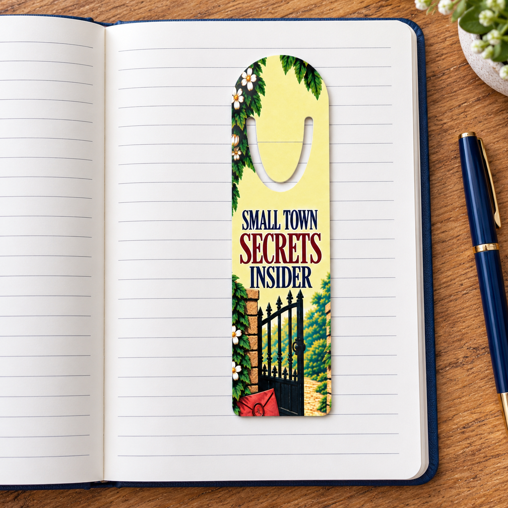 Aluminum “Small Town Secrets Insider” garden-gate bookmark placed on the lined page of an open notebook beside a blue pen.