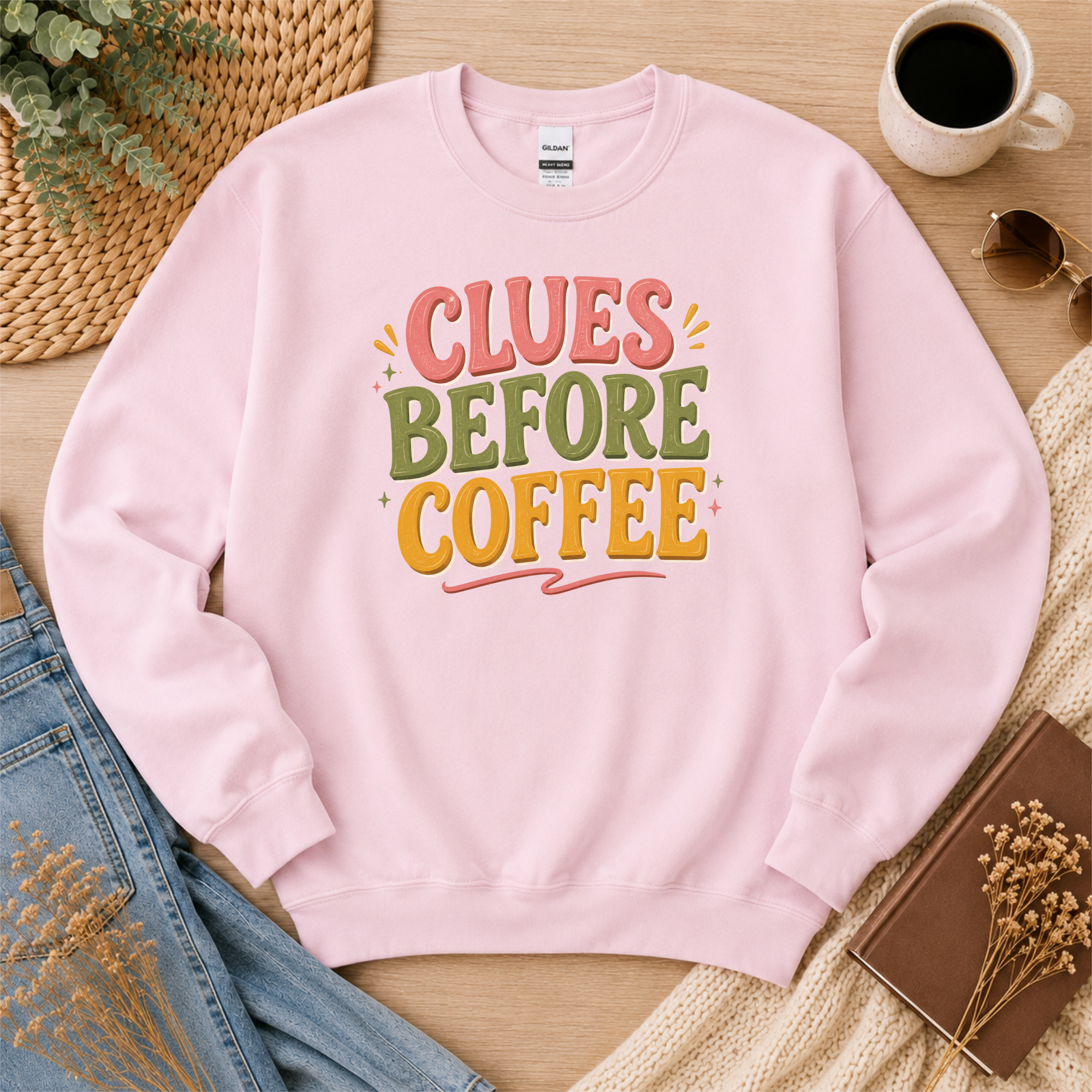 Clues Before Coffee Sweatshirt, Mystery Reader Sweatshirt, Cozy Mystery Gift, Detective Book Lover Crewneck, Bookish Apparel
