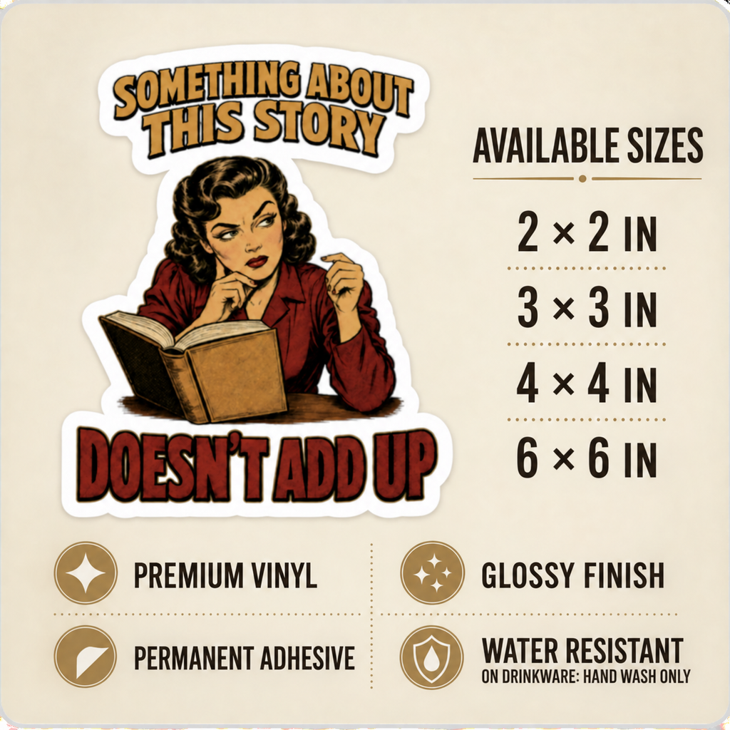 Size and care guide for the “Something About This Story Doesn’t Add Up” sticker: 2 × 2, 3 × 3, 4 × 4, and 6 × 6 inches; premium vinyl, glossy finish, permanent adhesive, water resistant; hand wash only on drinkware.