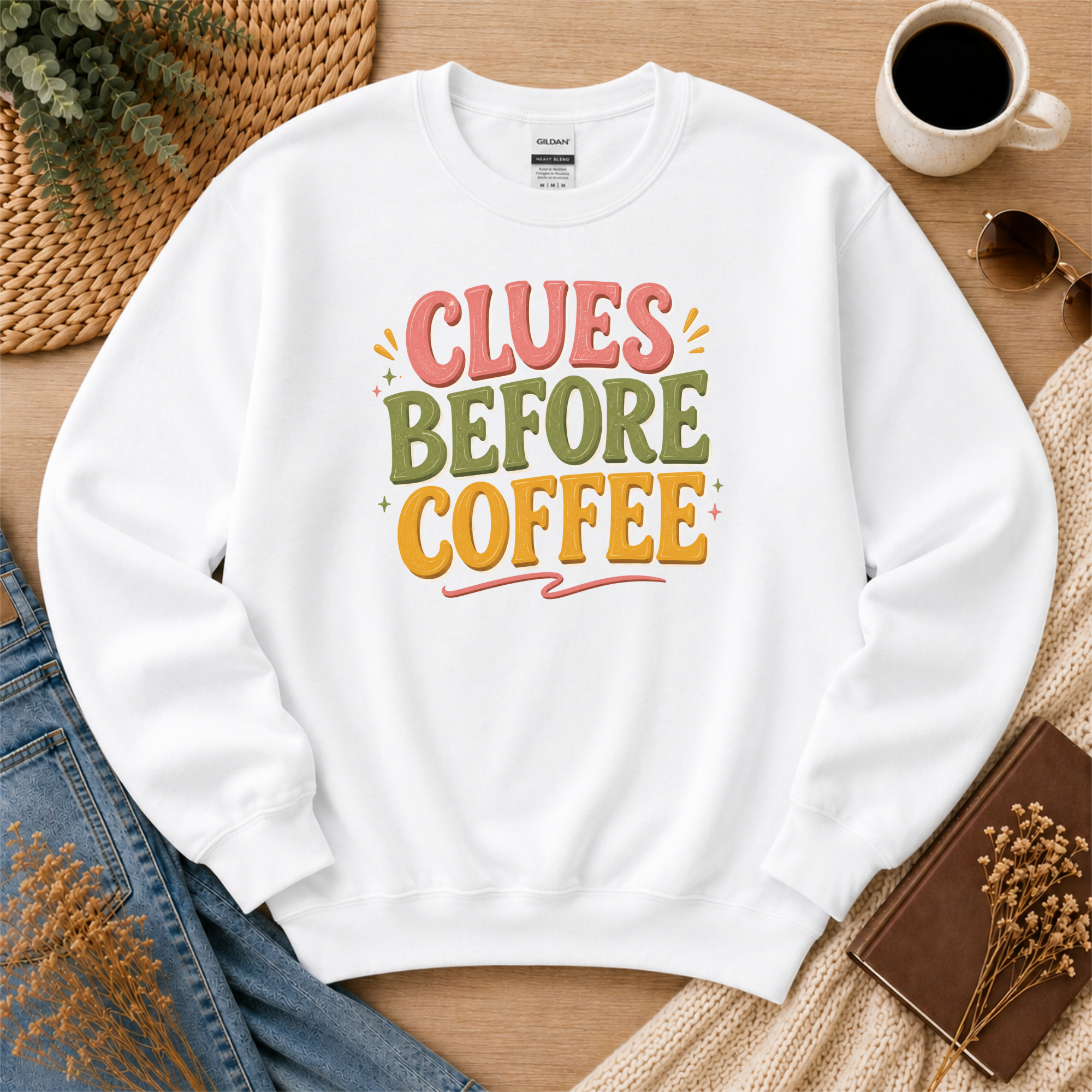 Clues Before Coffee Sweatshirt, Mystery Reader Sweatshirt, Cozy Mystery Gift, Detective Book Lover Crewneck, Bookish Apparel