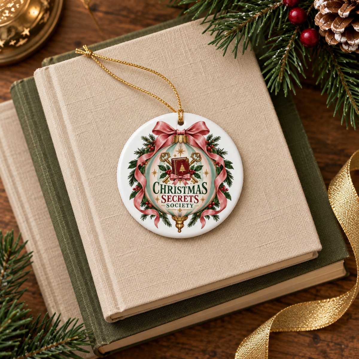 Christmas Secrets Society ornament resting on stacked clothbound books with evergreen branches, pinecones, red berries and gold ribbon.