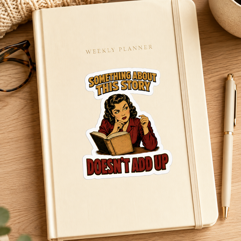 “Something About This Story Doesn’t Add Up” sticker with a retro reader in a red jacket studying an open book, shown on a cream weekly planner.