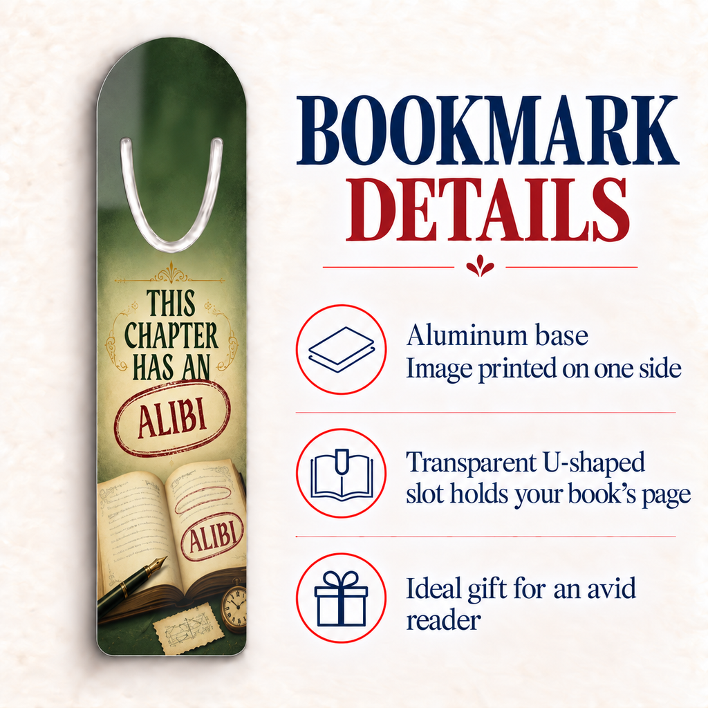 “This Chapter Has an Alibi” aluminum bookmark beside a feature guide noting its one-sided print, transparent U-shaped page slot, and reader-gift appeal.