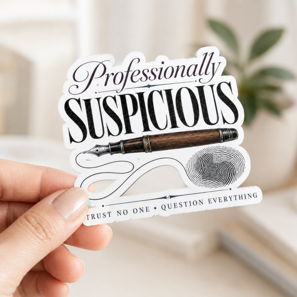 Professionally Suspicious Sticker, Mystery Reader Decal, Detective Bookish Sticker, Trust No One Laptop or Journal Decor, Crime Lover Gift