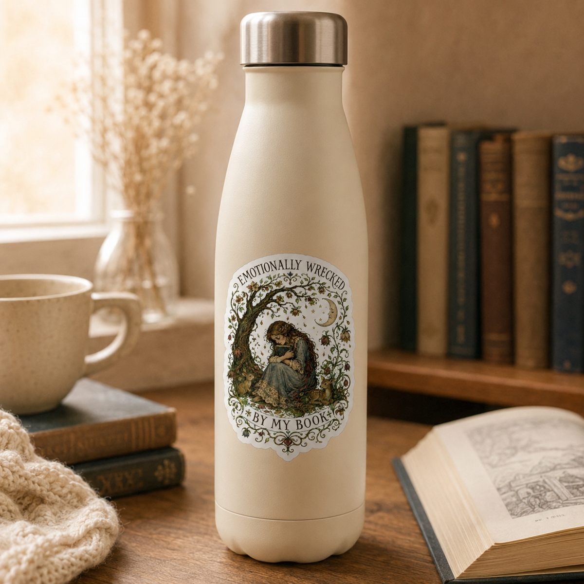 “Emotionally Wrecked by My Book” sticker with a tearful reader beneath a flowering tree, surrounded by woodland animals, vines, and a crescent moon, shown on a cream water bottle.