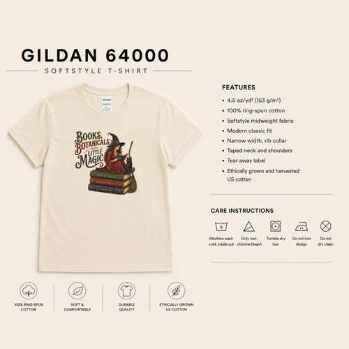 Gildan 64000 Softstyle T-shirt features and care: 4.5 oz/yd² (153 g/m²), 100% ring-spun cotton, lightweight fabric, modern classic fit, rib collar, taped neck and shoulders, tear-away label, ethically grown and harvested US cotton. Machine wash cold inside out; non-chlorine bleach only; tumble dry low; do not iron the design; do not dry clean.