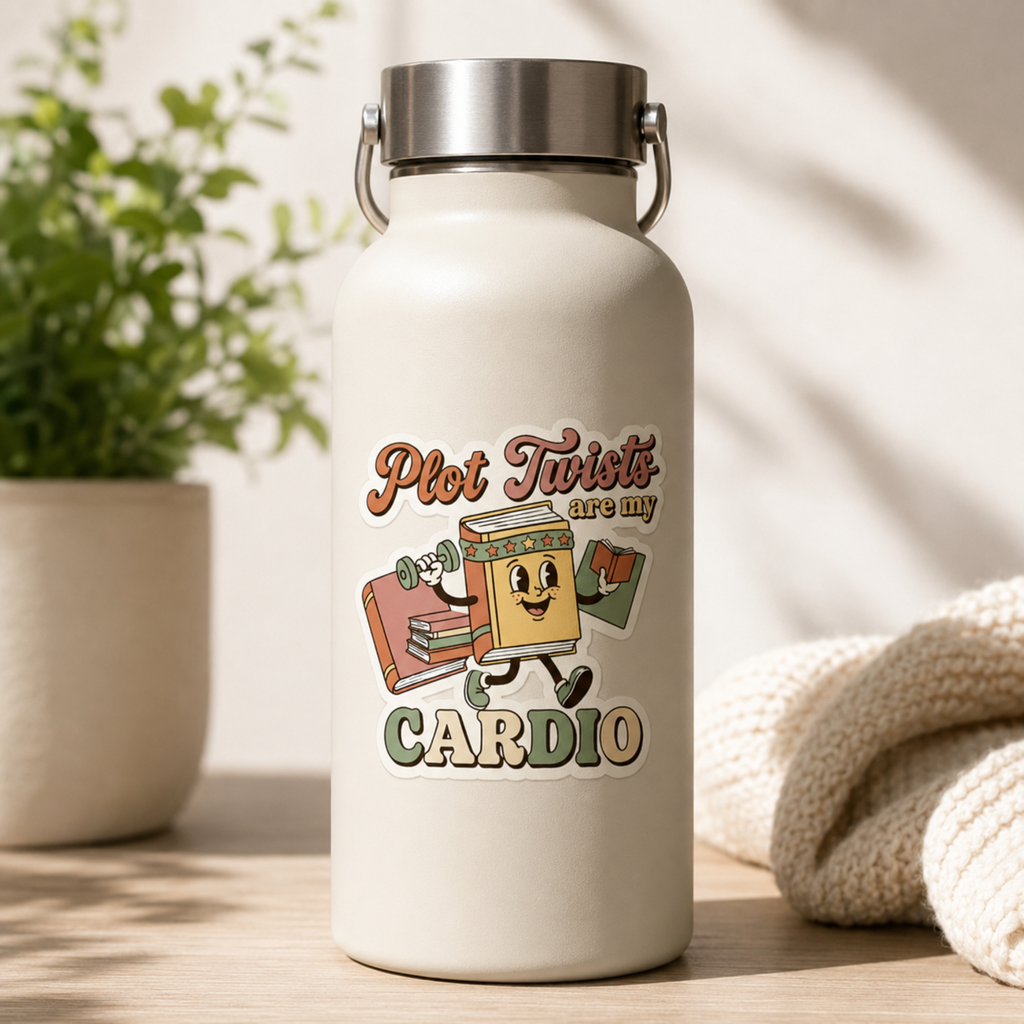 “Plot Twists Are My Cardio” sticker with a smiling cartoon book jogging with a dumbbell and another book, surrounded by coral and sage lettering, shown on a cream water bottle.