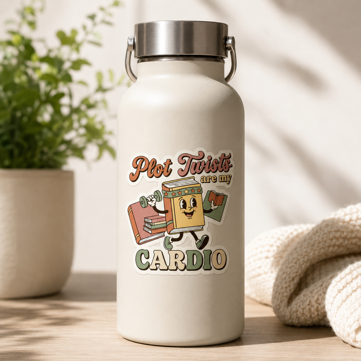 “Plot Twists Are My Cardio” sticker with a smiling cartoon book jogging with a dumbbell and another book, surrounded by coral and sage lettering, shown on a cream water bottle.