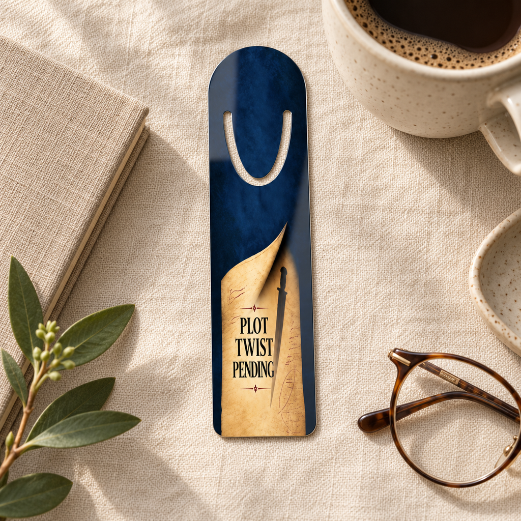 “Plot Twist Pending” bookmark with curled parchment and dagger artwork on cream fabric beside coffee, reading glasses, and a notebook.