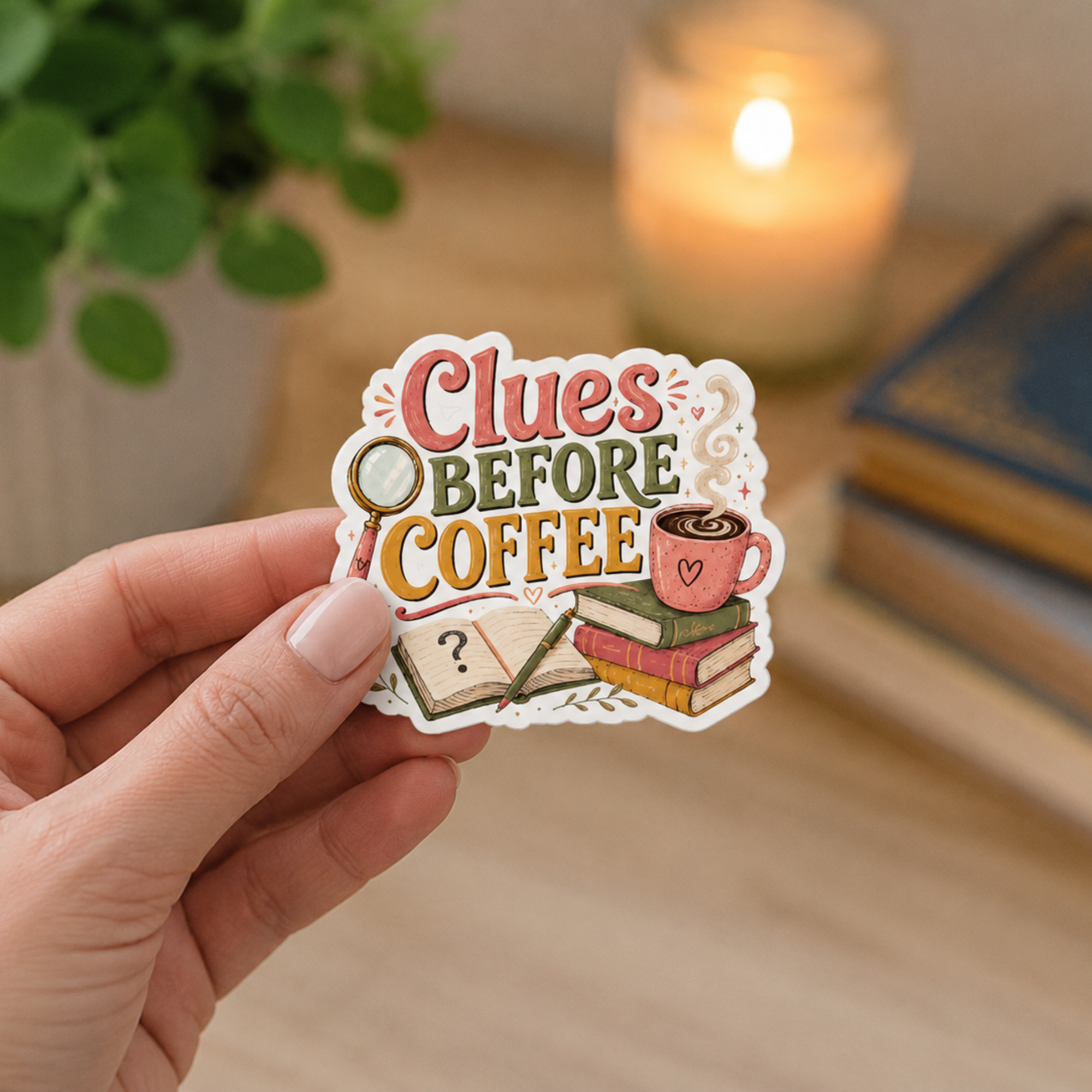 Clues Before Coffee Sticker, Mystery Reader Sticker, Cozy Mystery Book Lover Decal, Detective Fiction Laptop Sticker, Reader Gift