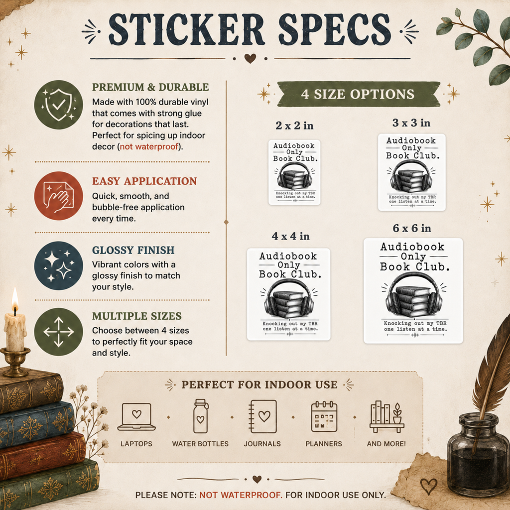 Audiobook Only Book Club Sticker, Audiobook Lover Gift, Bookish Vinyl Decal, Reader Laptop and Kindle Sticker