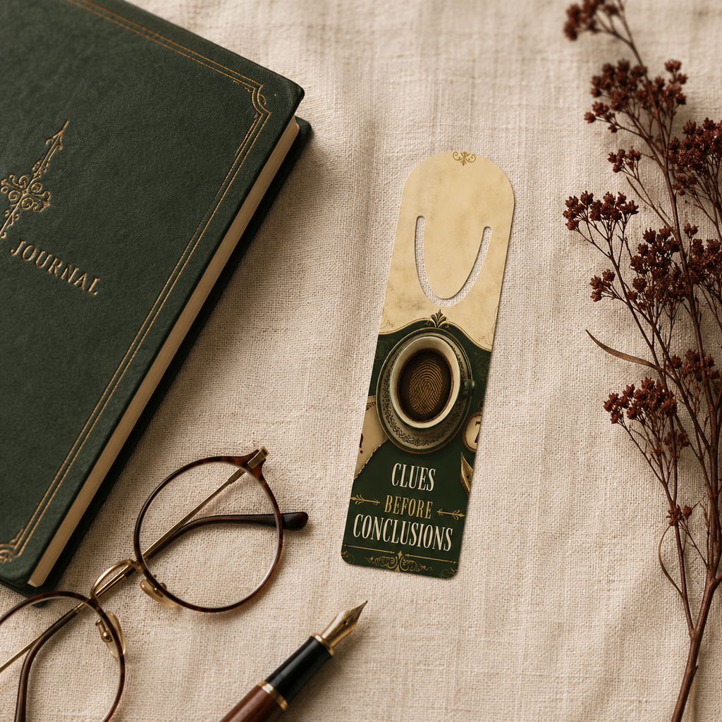 “Clues Before Conclusions” bookmark on beige linen beside a green journal, glasses, fountain pen, and dried flowers.