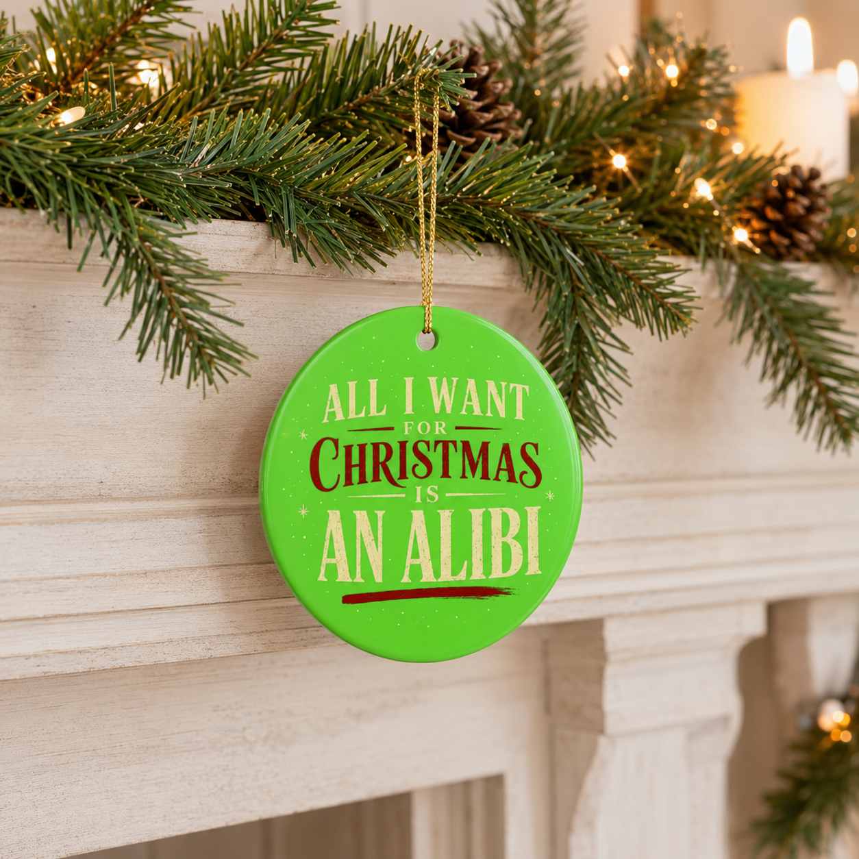 All I Want for Christmas Is an Alibi Ornament, Funny Christmas Ornament, Crime Lover Gift, Green Holiday Tree Decor, Bookish Gift Idea