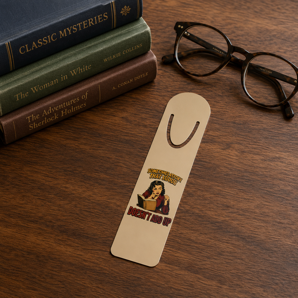 Something About This Story Doesn’t Add Up aluminum bookmark beside three classic mystery books and reading glasses on a wood desk.