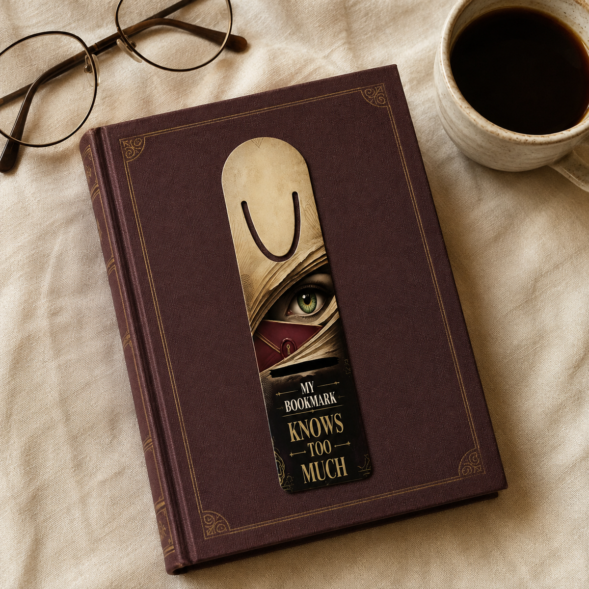 Eye-and-book-pages bookmark reading “My Bookmark Knows Too Much” on a burgundy clothbound book beside glasses and coffee.