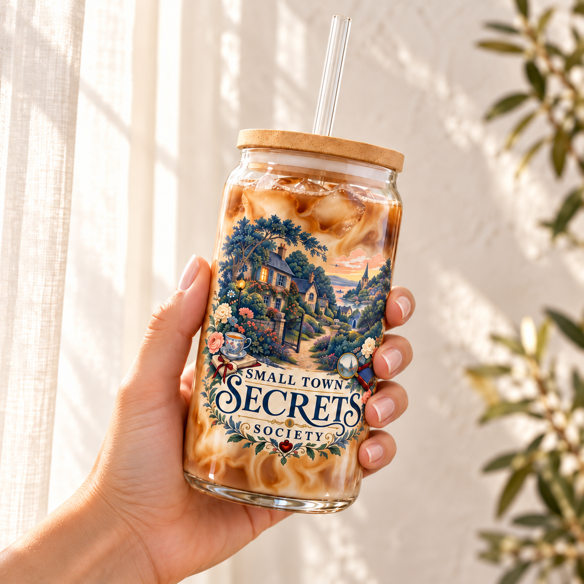Hand holds an angled glass sipper of iced coffee by a sunlit curtain; bamboo lid and clear straw above village and floral artwork with “Small Town Secrets Society” lettering.