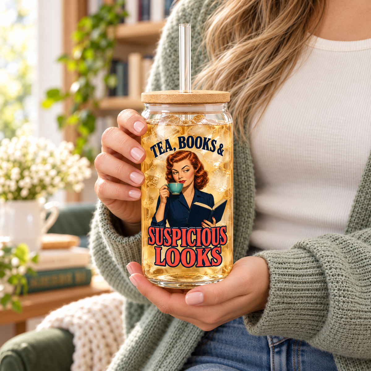 Hands holding a glass sipper of light iced tea; bamboo lid, clear straw and retro red-haired reader artwork with “Tea, Books & Suspicious Looks” lettering.
