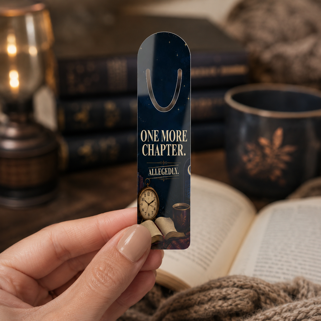 Hand holding the navy “One More Chapter. Allegedly.” aluminum bookmark in a cozy reading setting with an open book, stacked books, and mug behind it.