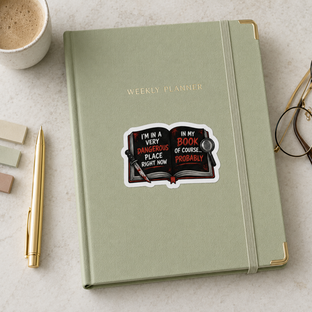 “I’m in a very dangerous place right now. In my book, of course… probably” sticker with an open black book with red and white lettering, a bloodstained knife, and a magnifying glass, shown on a sage weekly planner.