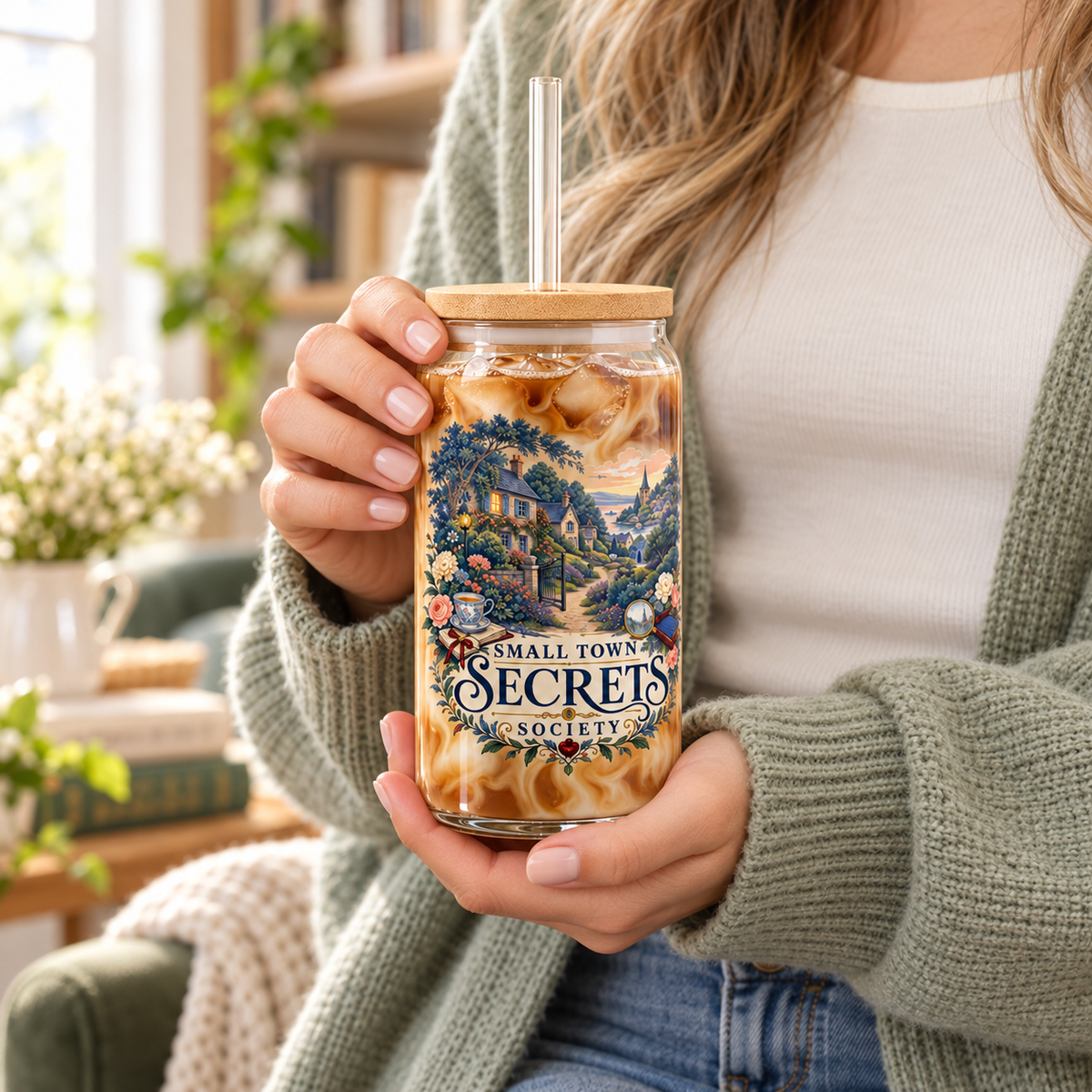 Hands hold a glass sipper filled with iced coffee, with a bamboo lid, clear straw and “Small Town Secrets Society” lettering beneath a blue-green village and floral illustration.