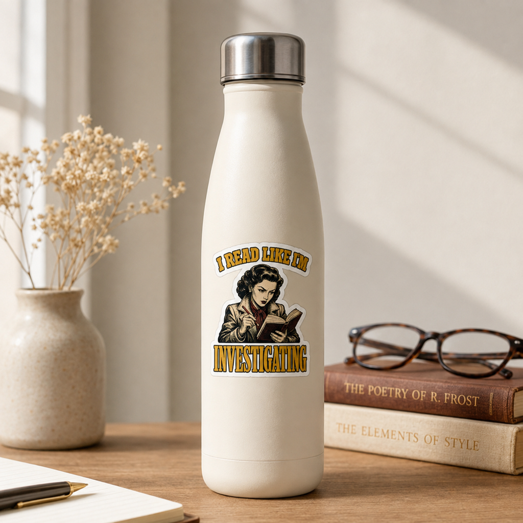 “I Read Like I’m Investigating” sticker with a retro reader taking notes while reading, framed by gold lettering, shown on a cream water bottle.