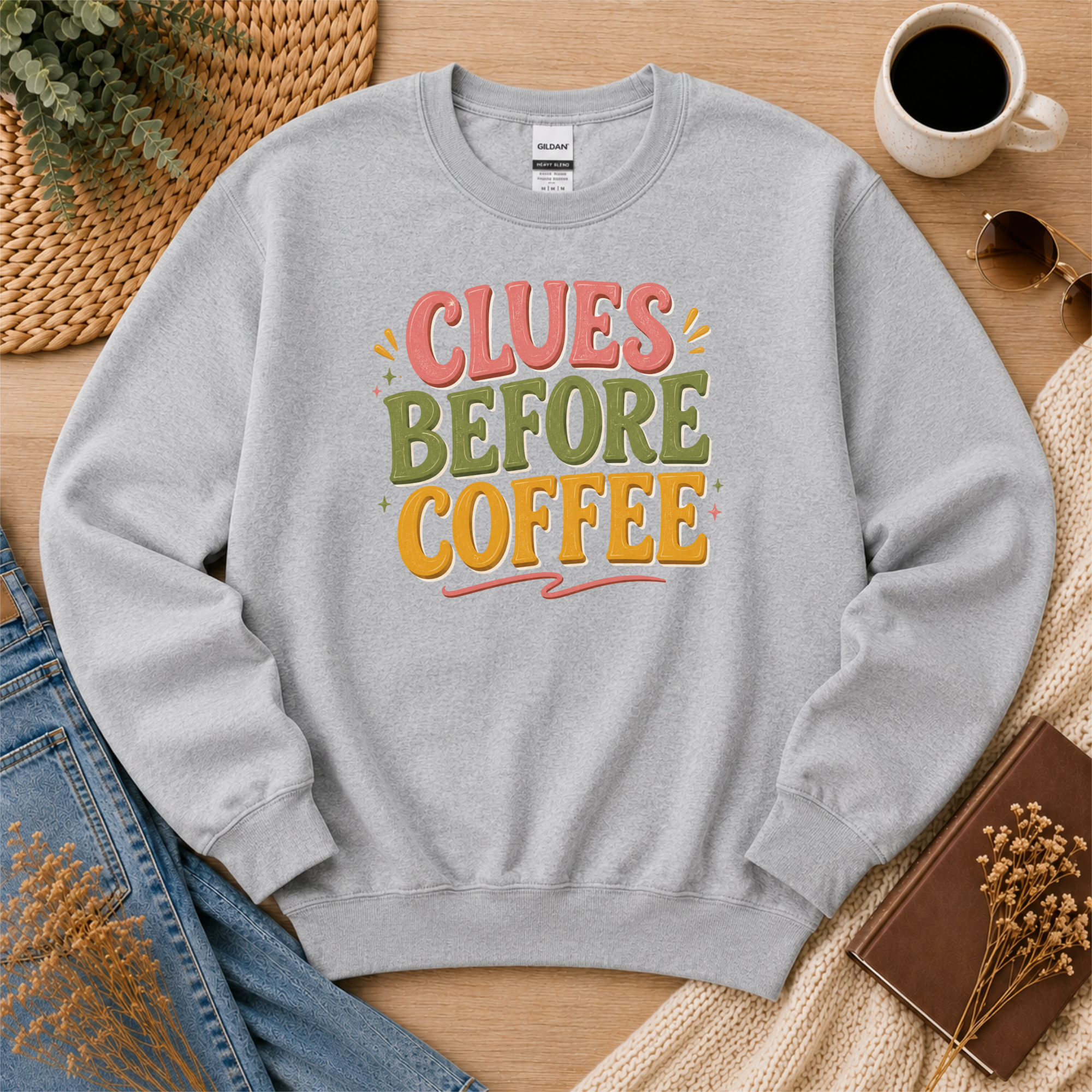 Clues Before Coffee Sweatshirt, Mystery Reader Sweatshirt, Cozy Mystery Gift, Detective Book Lover Crewneck, Bookish Apparel