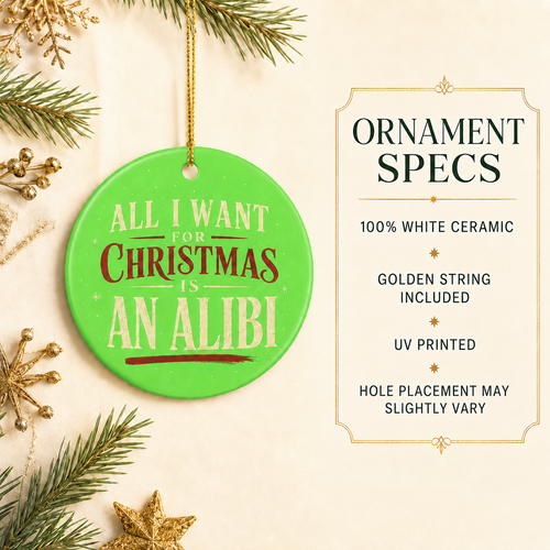All I Want for Christmas Is an Alibi Ornament, Funny Christmas Ornament, Crime Lover Gift, Green Holiday Tree Decor, Bookish Gift Idea