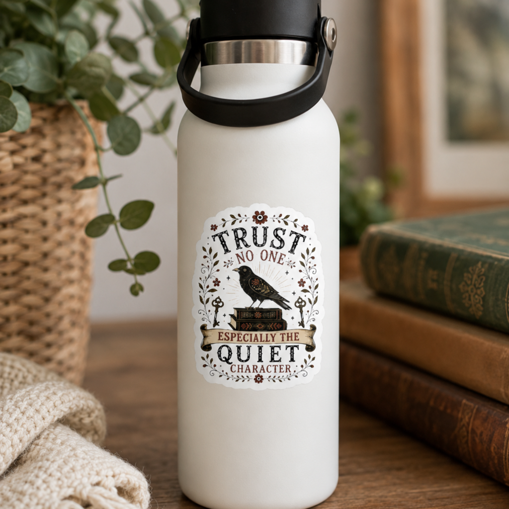 Trust No One Sticker, Psychological Thriller Reader Gift, Quiet Character Vinyl Sticker, Mystery Book Lover Decal
