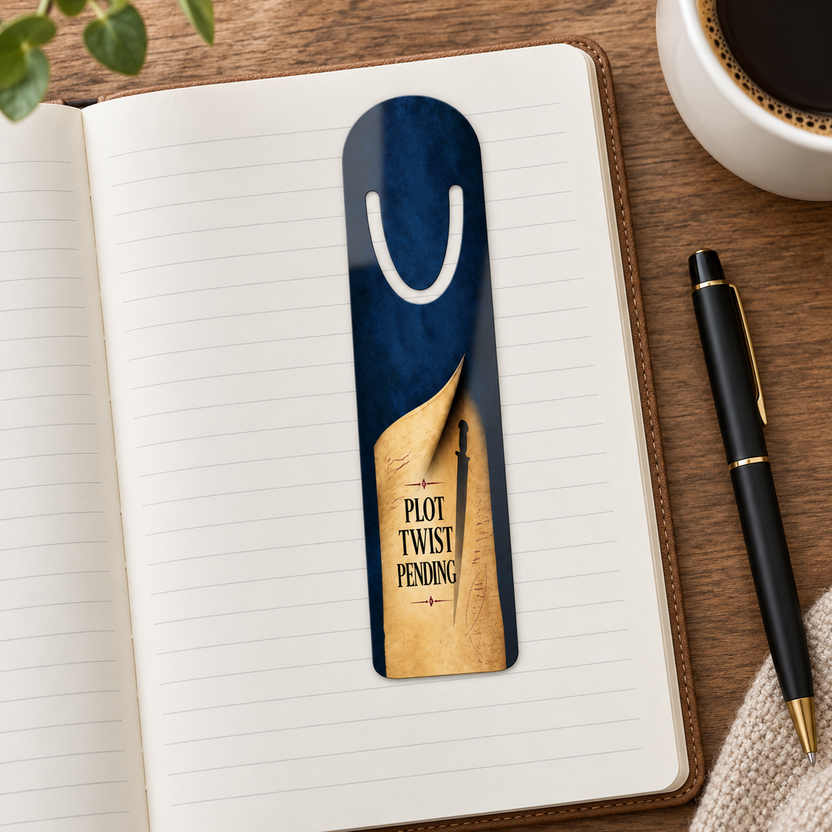 “Plot Twist Pending” parchment-and-dagger bookmark laid on the lined page of an open notebook beside a black pen and coffee.