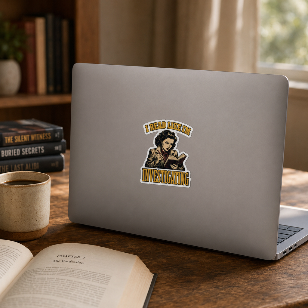 “I Read Like I’m Investigating” sticker with a retro reader taking notes while reading, framed by gold lettering, shown on a silver laptop.
