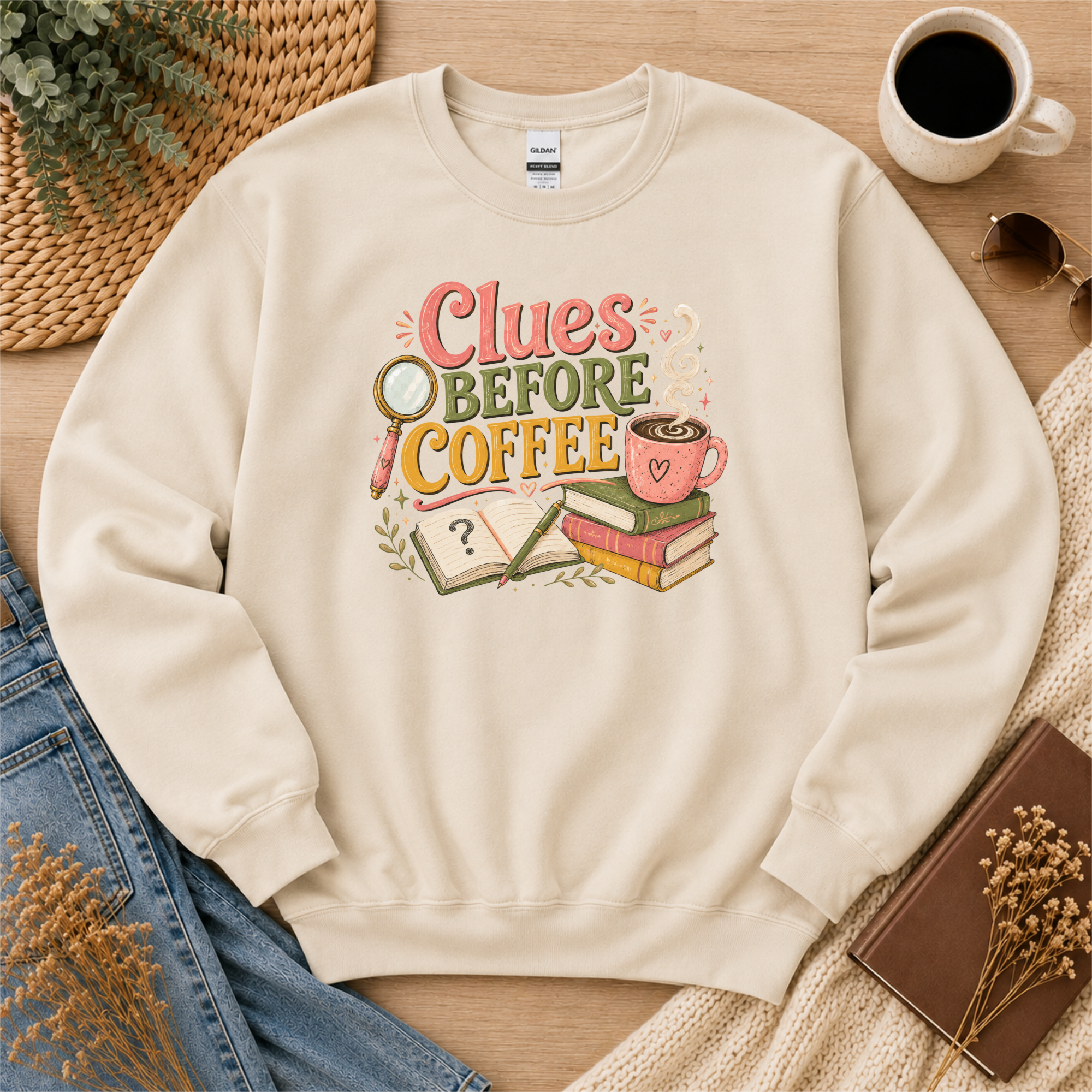 Clues Before Coffee Sweatshirt, Mystery Reader Sweatshirt, Cozy Mystery Gift, Book Lover Crewneck, Detective Reader Apparel