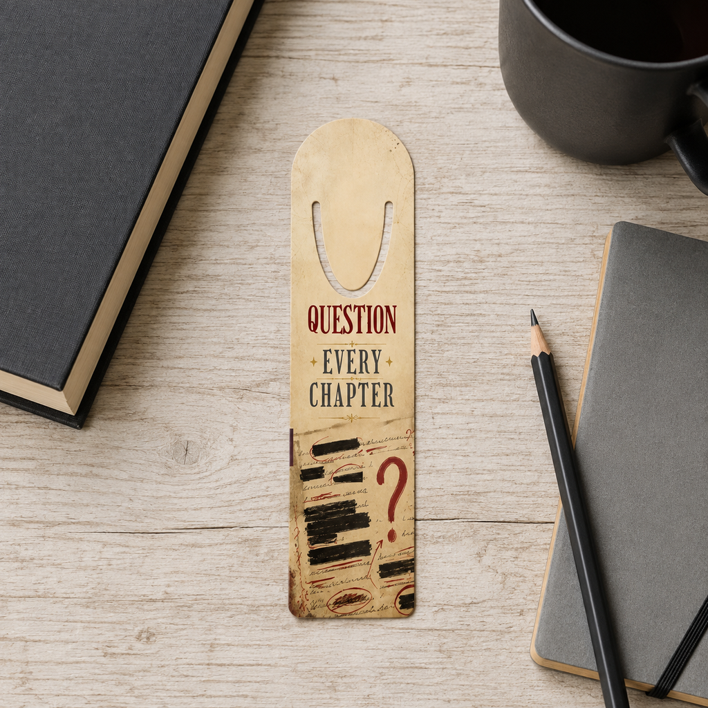 “Question Every Chapter” bookmark with redacted notes, circled clues, and a red question mark on a pale wooden desk beside notebooks, a pencil, and black mug.