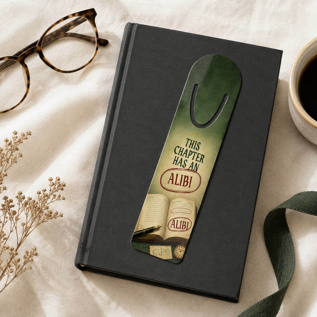Green “This Chapter Has an Alibi” bookmark with open-book artwork resting on a black clothbound book beside glasses and coffee.